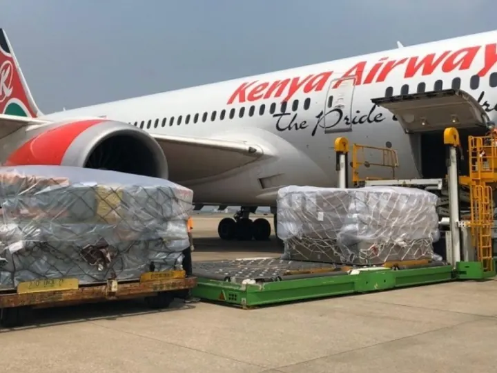 Cargo pallets being loaded beside a Kenya Airways aircraft