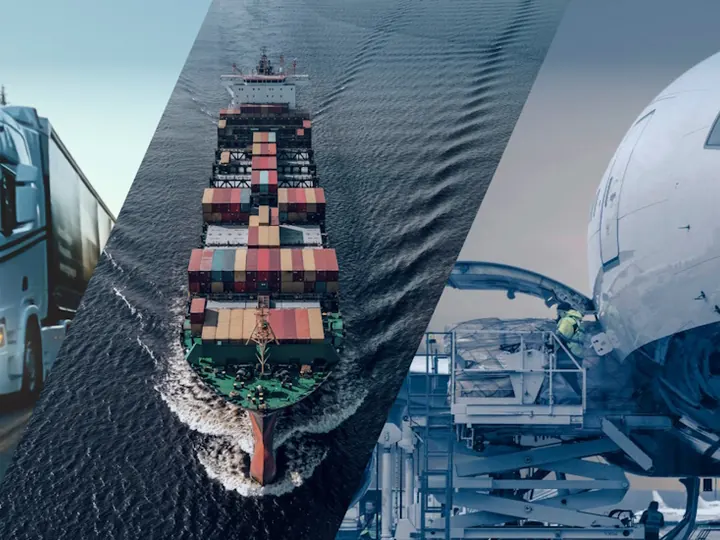 Container ship, trucks and aircraft representing multimodal cargo movement
